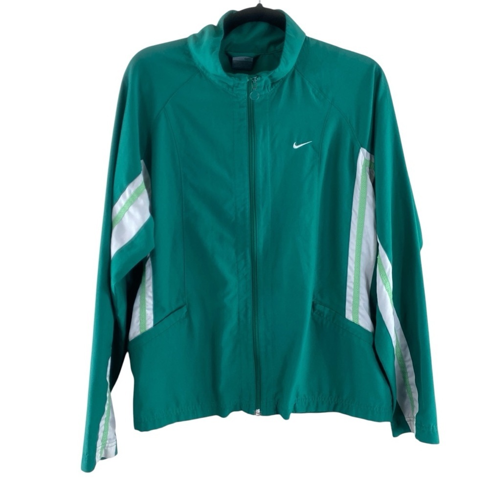 Vintage Nike Women’s Green and White Stand-Up Collar Track Utility‎ Jacket Sz L
